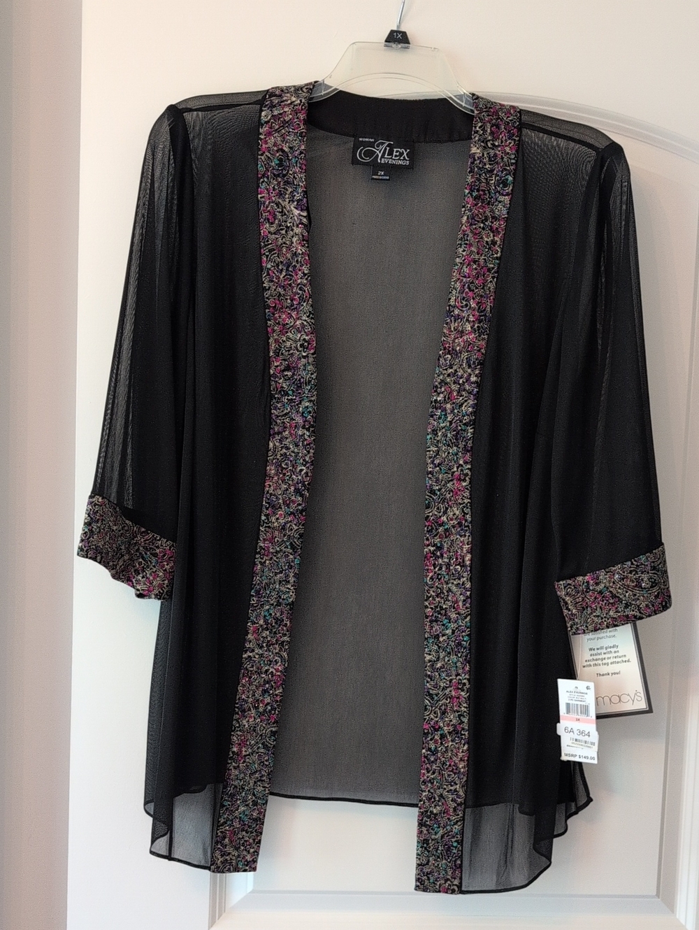 Alex Evenings Black Sheer Open-Front Cardigan with Multicolor Floral Trim